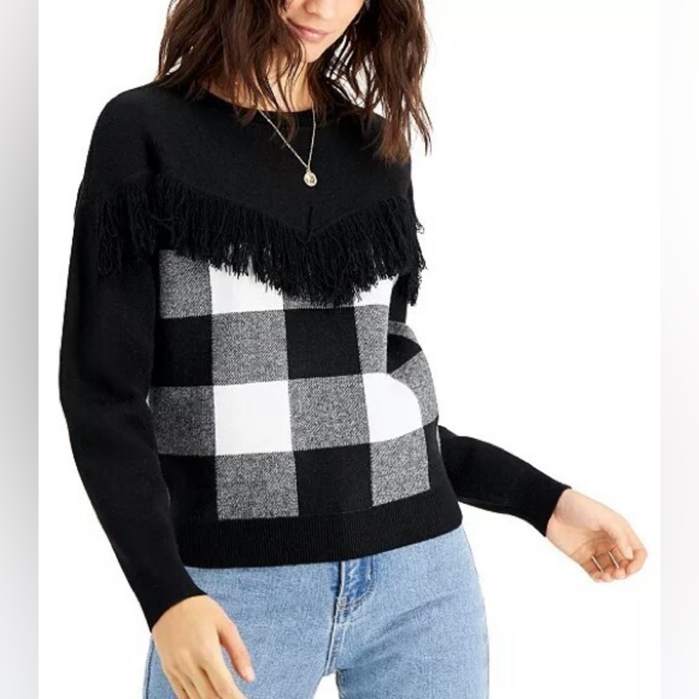 Bar III Buffalo Plaid Fringe Sweater NWT Large Black Gray Pullover
